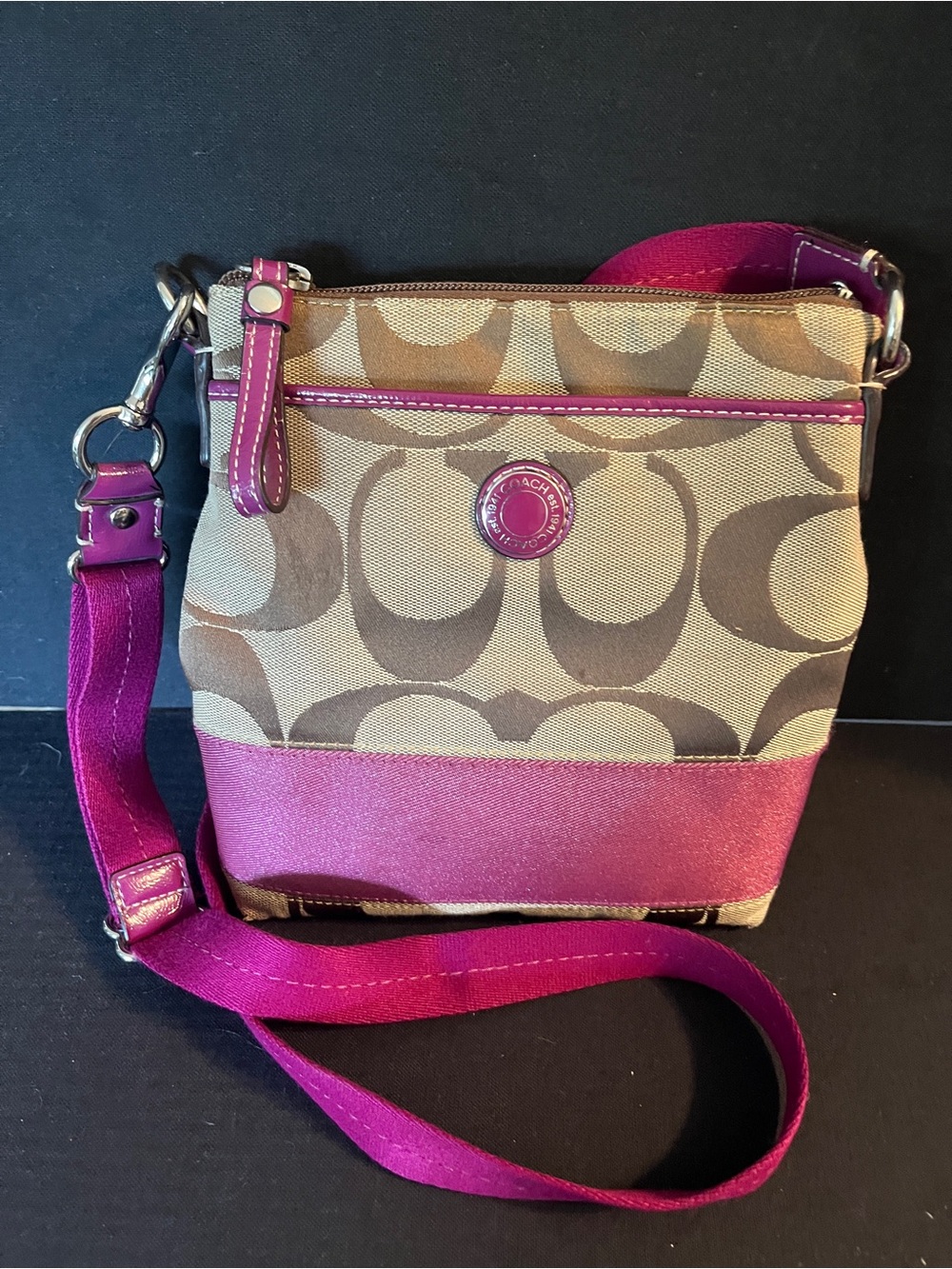 Coach Crossbody Bag with Brown Signature Canvas and Magenta Trim